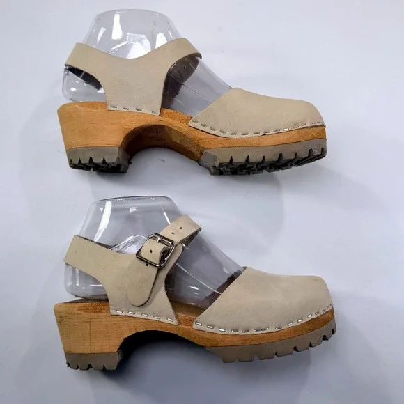 MIA Abba Swedish Clog Women 36/6 Beige Leather Wooden Sole Slingback Boho Sandal - Picture 9 of 12